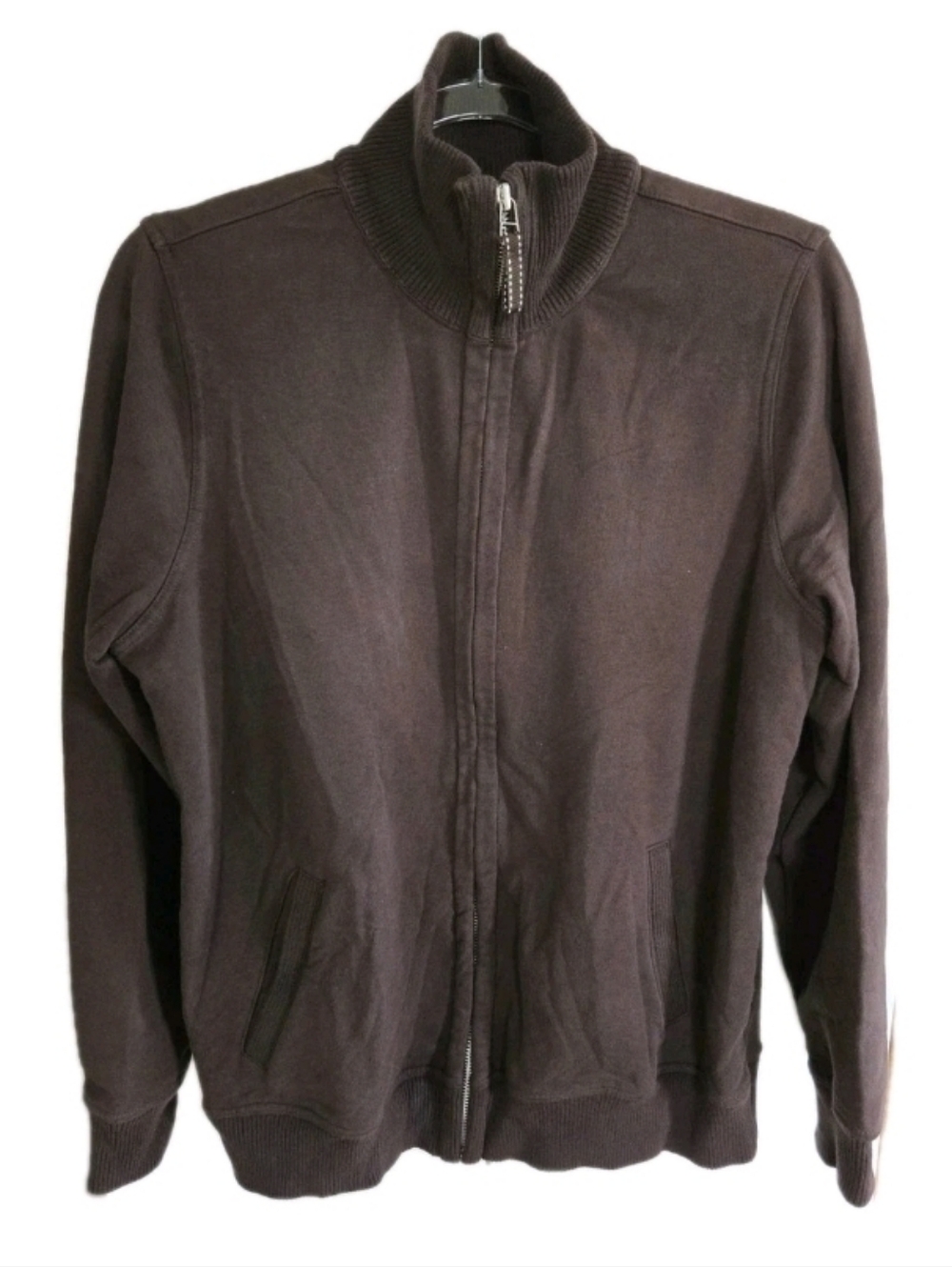 Lands End Chocolate Brown Full Zip Up Cardigan Size M High Neck Pockets